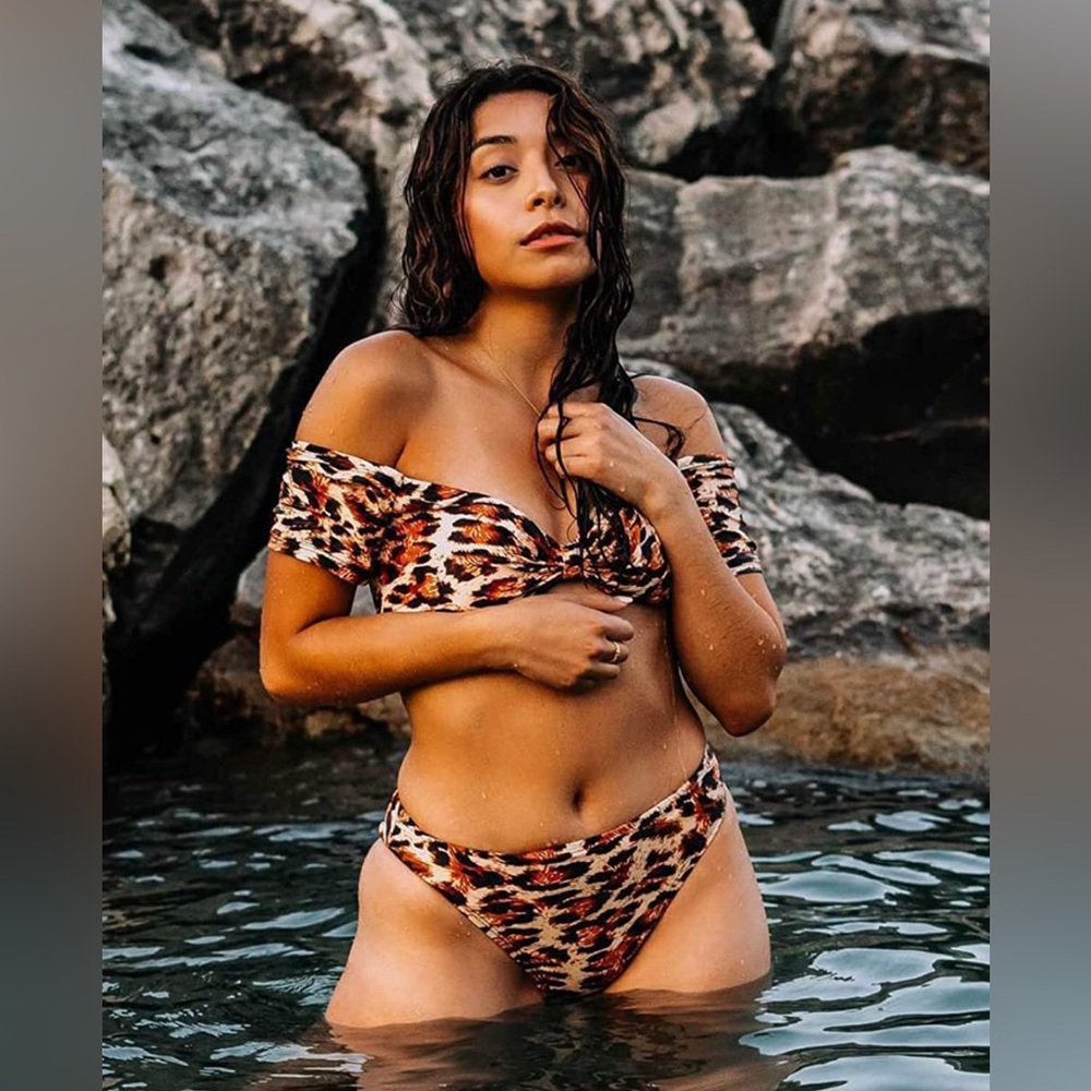 Women's Leopard Print Knot Front Crop Off-Shoulder High Cut Bandeau Bikini Set